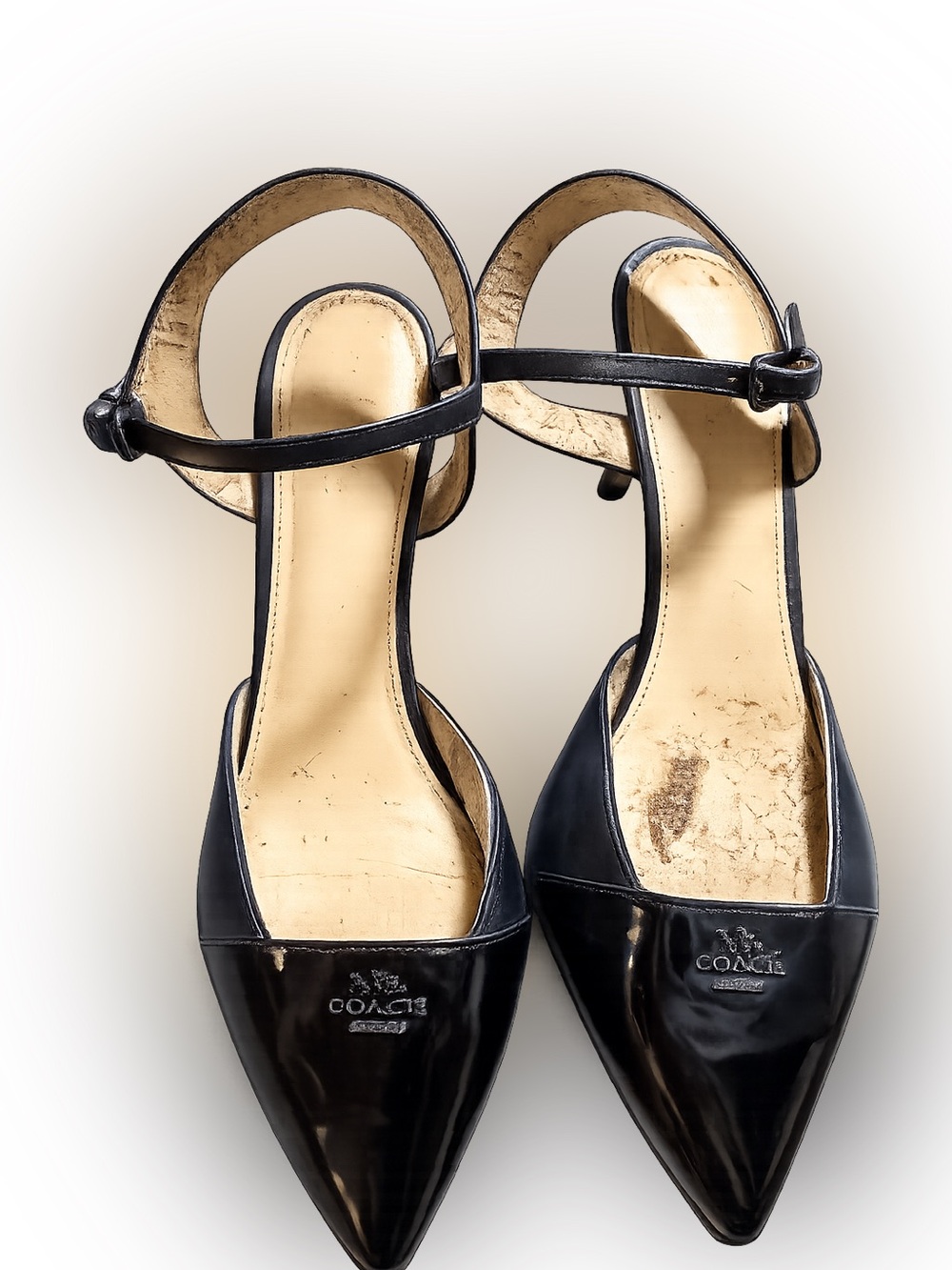 Coach Black Patent Leather Ankle Strap Pointed Toe Heels | Size 8B